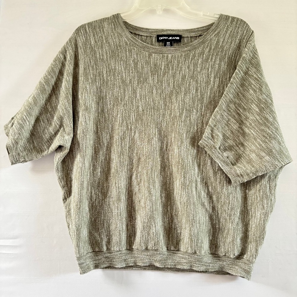 DKNY Jeans‎ Womens Medium Marled Knit Short Sleeve Sweater Olive Green Crew Neck